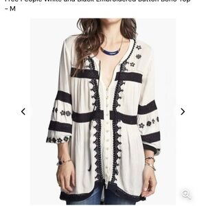 Free People White and Black Embroidered Bottom Boho Women's Top XS/P